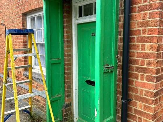 Green door with yellow ladder outside.