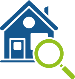 House icon with magnifying glass, property search concept.